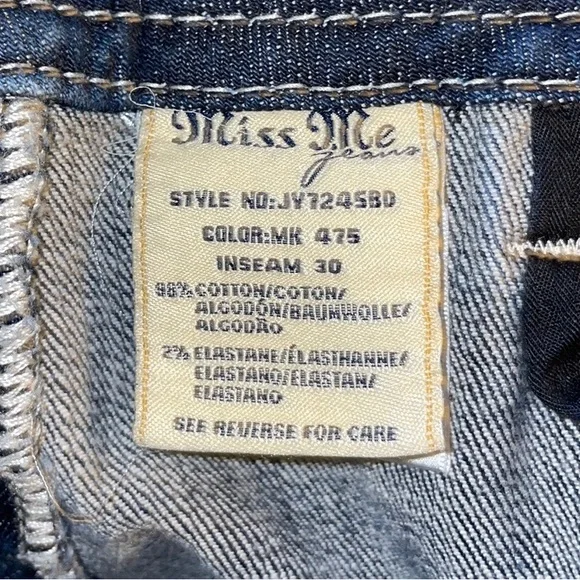 MISS ME 27 Signature Boot-cut distressed 5 Pocket Jeans Low Rise Factory Fading - Picture 3 of 16